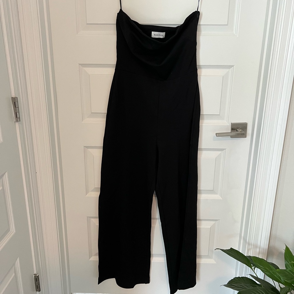 Marcella Jumpsuit Womens Medium Black Strapless Wide Leg Split Ponte Knit